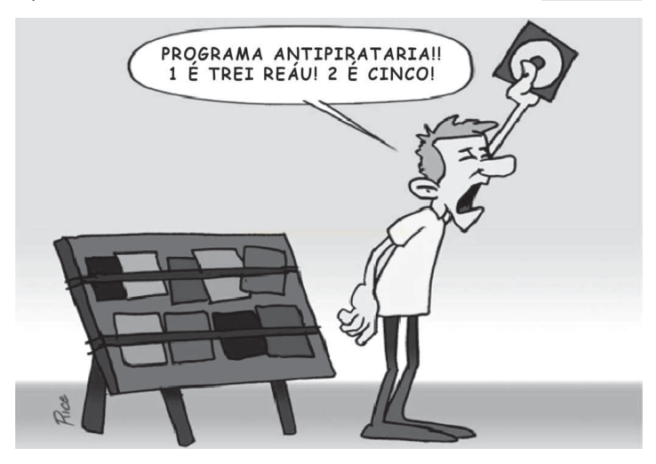 Charge em preto e branco de um homem gritando com um disco na mão ao lado de uma banca de CDs com tarjas pretas.