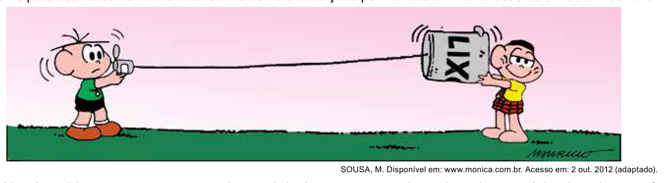 Tira de quadrinho com dois meninos ligados por um fio: um segura um celular, o outro segura uma lata com a letra X.