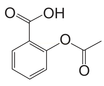 Estrutura química de uma molécula com anel benzênico, grupo carboxila e grupo acetila ligados por oxigênio.