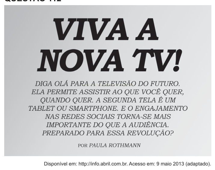 Anúncio com o título "VIVA A NOVA TV!" e texto sobre a televisão do futuro, tablets, smartphones e redes sociais.