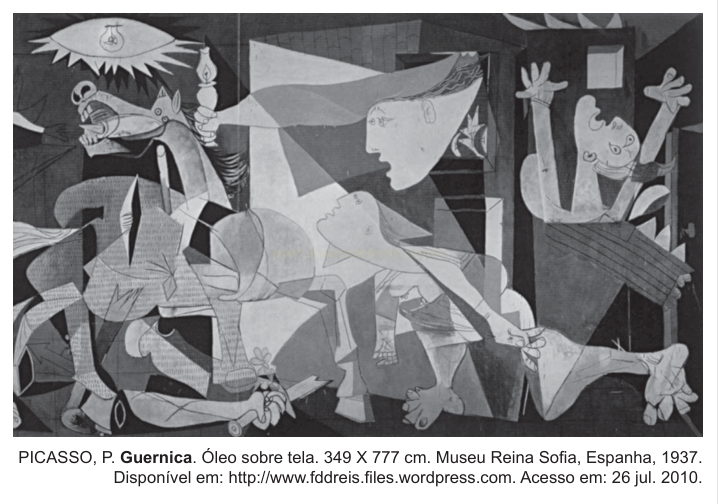 Reprodução em preto e branco da pintura cubista Guernica, com touro, cavalo e figuras humanas em agonia.