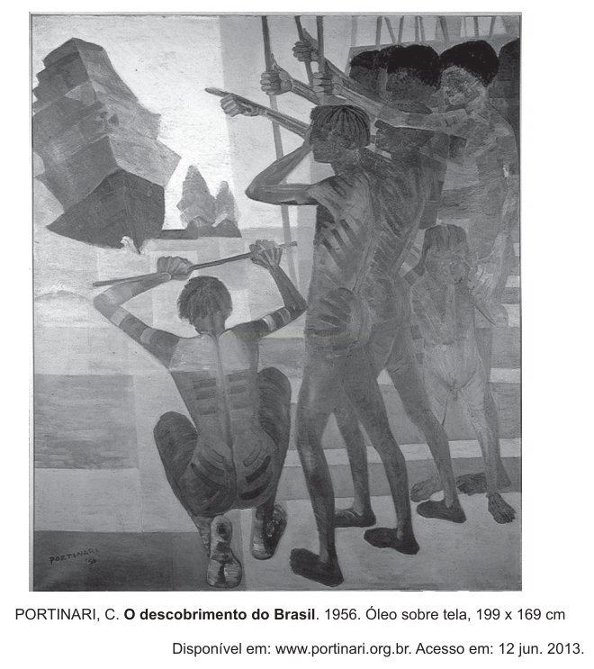 Pintura com figuras humanas de pele escura segurando bastões erguidos, com blocos geométricos ao fundo.