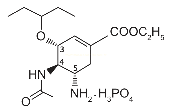 Fórmula estrutural de um composto cíclico com grupo éster, grupo acetamida e grupo fosfato de amônio.