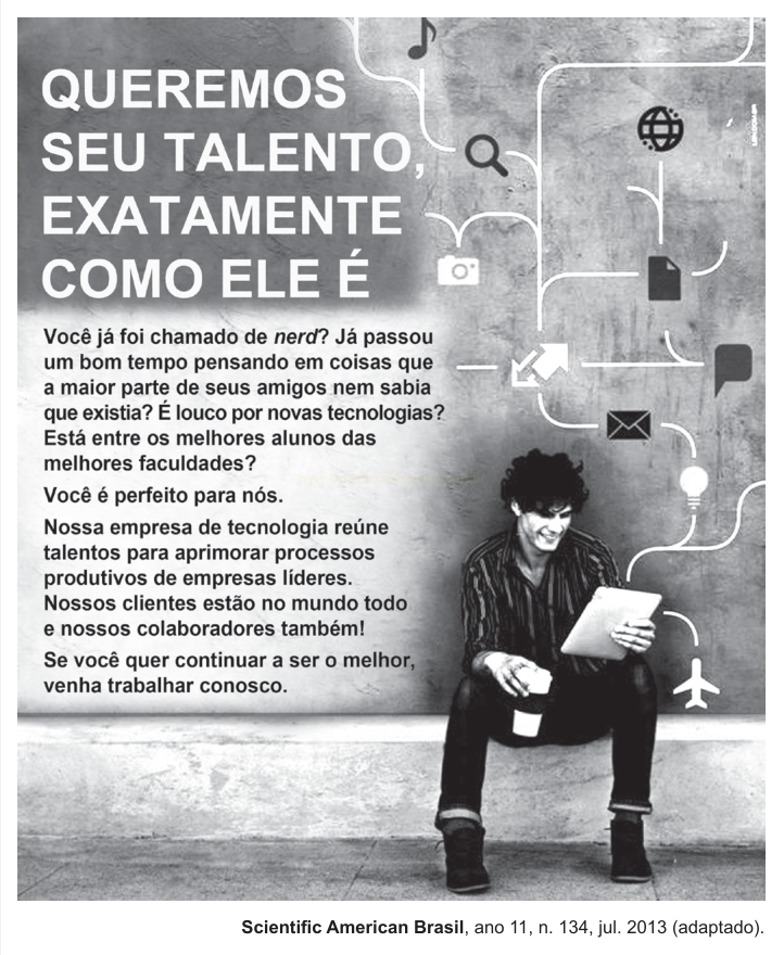 Anúncio em preto e branco com o título "Queremos seu talento, exatamente como ele é" e um jovem sentado usando um tablet sob ícones conectados por linhas.