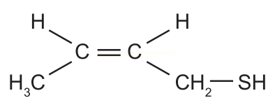 Fórmula estrutural plana com ligação dupla C=C, grupo H3C e grupo CH2–SH.