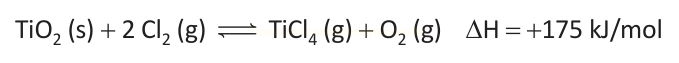 Equação química balanceada de formação de TiCl4 a partir de TiO2 e Cl2, com ΔH = +175 kJ/mol.