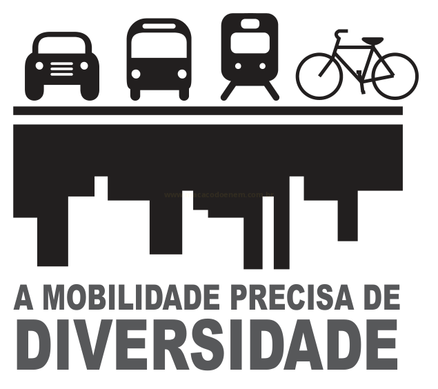 Ilustração com ícones de carro, ônibus, trem e bicicleta sobre a silhueta de uma cidade, com frase sobre mobilidade.