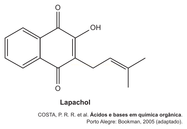 Estrutura química do lapachol, com anel naftoquinônico, grupo hidroxila e cadeia lateral insaturada.