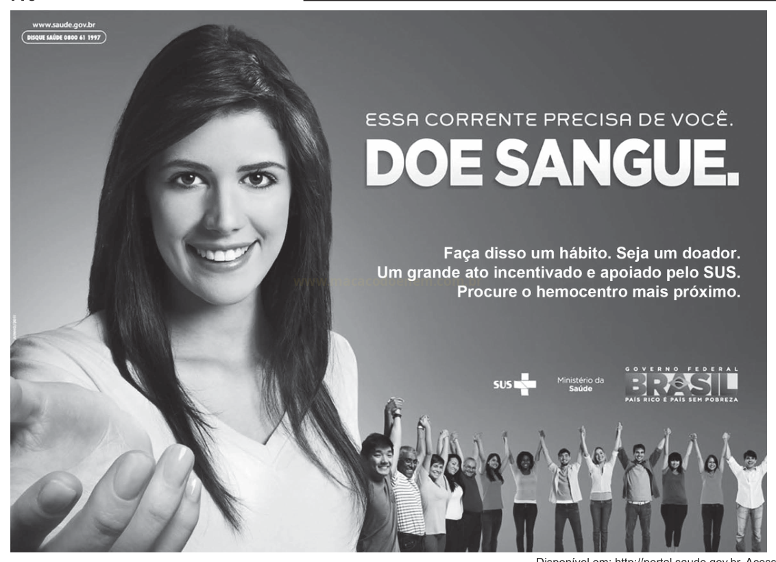 Cartaz de campanha de doação de sangue com uma jovem sorridente apontando para o observador e a frase "Doe sangue".