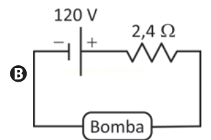 Circuito elétrico em série com bateria de 120 V, resistor de 2,4 Ω e uma bomba.