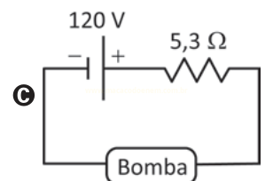 Circuito elétrico em série com bateria de 120 V, resistor de 5,3 Ω e uma bomba.