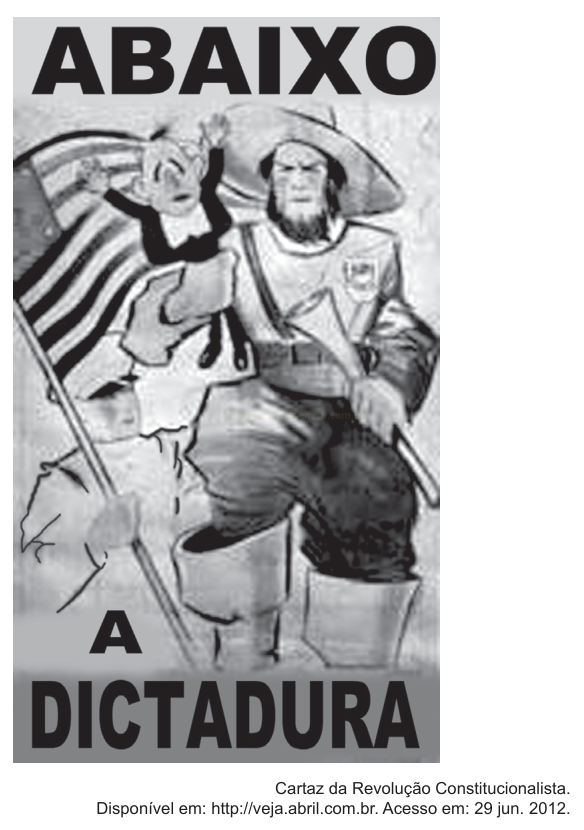 Cartaz em preto e branco com a frase 'Abaixo a ditadura', um homem armado e um personagem de desenho animado.