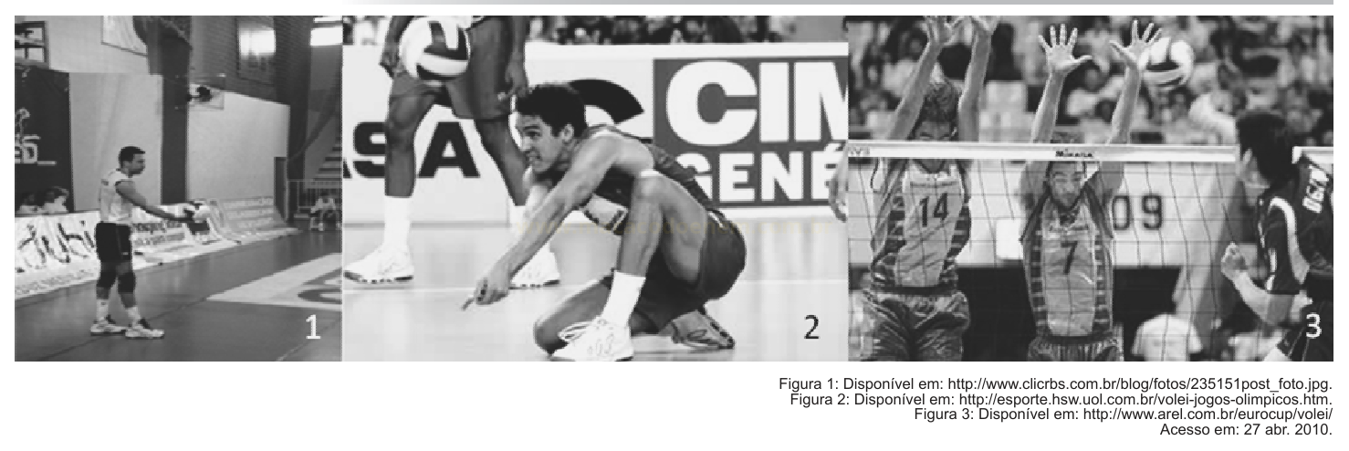 Três fotografias em preto e branco de lances de voleibol: defesa, mergulho e bloqueio junto à rede.