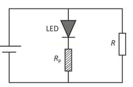 Circuito elétrico com bateria, um LED em série com o resistor R_P e um resistor R em paralelo.