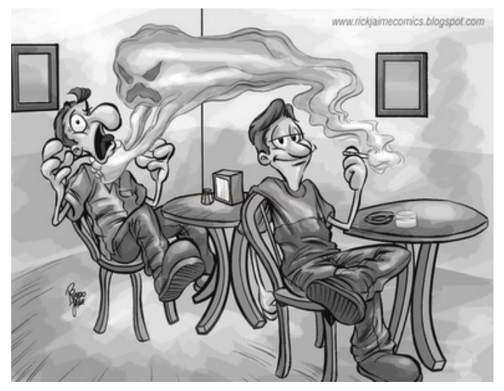 Cartum em preto e branco com dois homens sentados: um fuma tranquilamente enquanto o outro, assustado, solta uma nuvem de fumaça em forma de caveira.