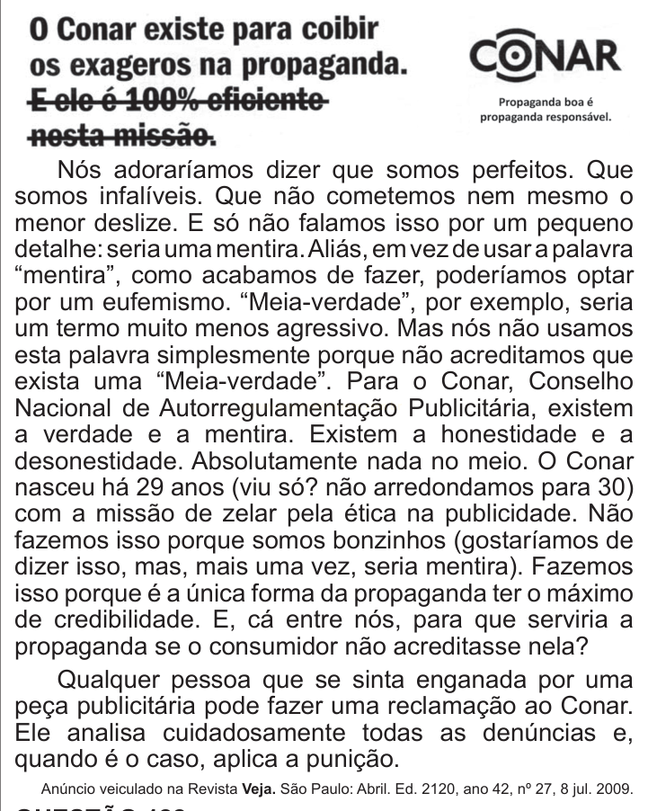 Anúncio do Conar com título sobre coibir exageros na propaganda, marca do Conar e texto corrido sobre ética publicitária.