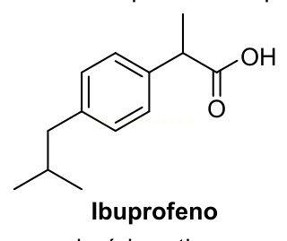 Fórmula estrutural plana do ibuprofeno, com anel benzênico, grupo carboxila e cadeia isobutil.