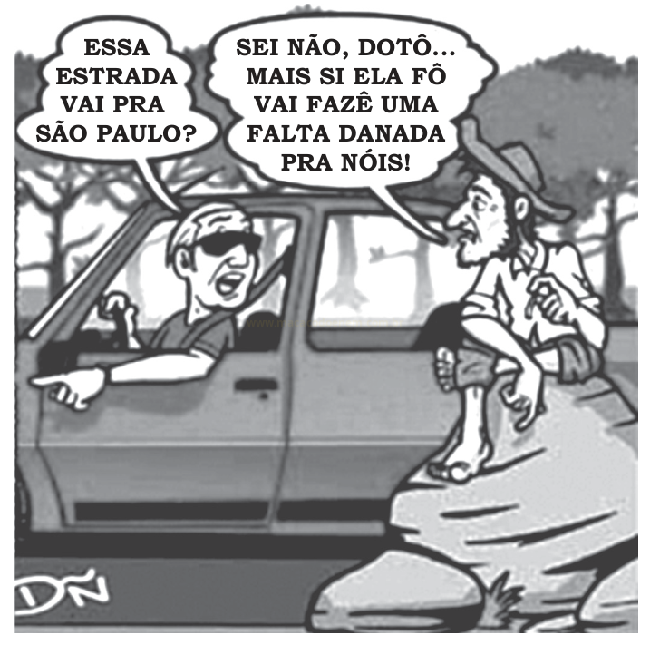 Charge em preto e branco de um motorista perguntando a um homem do campo se a estrada vai para São Paulo.