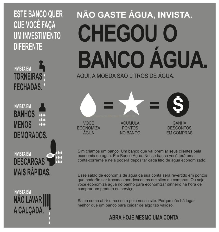 Cartaz publicitário em tons de cinza propondo um banco fictício que premia a economia de água com pontos e descontos.