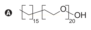 Estrutura química esquemática em zigue-zague com dois blocos entre colchetes (subscritos 15 e 20) terminando em O e OH, rotulada A.