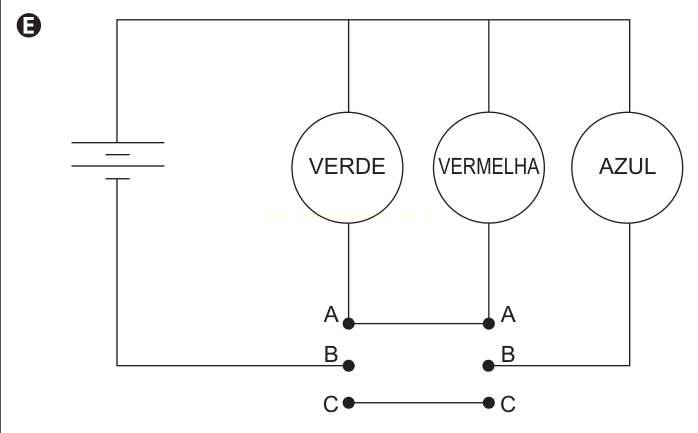 Circuito com bateria e três lâmpadas em paralelo, com fios horizontais ligando os pontos A e os pontos C das lâmpadas verde e vermelha.