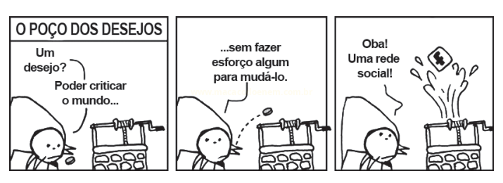 Tirinha de três quadros sobre um menino que pede a um poço dos desejos uma forma de criticar o mundo sem esforço.