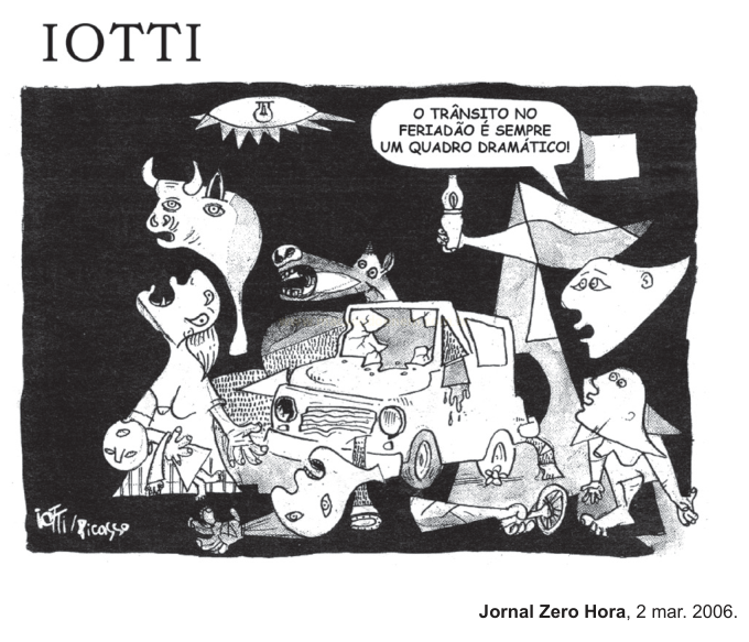 Charge em preto e branco de Iotti sobre engarrafamento, com figuras surreais ao redor de um carro e a frase sobre o trânsito no feriadão.