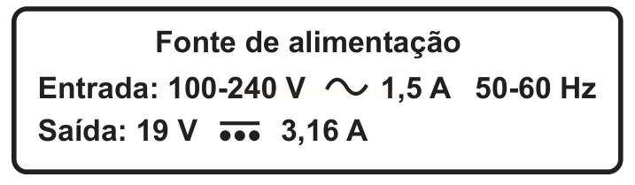 Etiqueta de fonte de alimentação com entrada de 100-240 V e saída de 19 V em corrente contínua.
