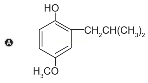 Estrutura química A: anel benzênico com os grupos HO, H₃CO e CH₂CH(CH₃)₂.