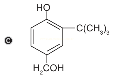 Estrutura química C: anel benzênico com os grupos HO, C(CH₃)₃ e H₂COH.