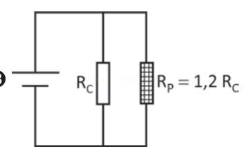 Circuito elétrico com bateria e dois resistores em paralelo, R_C e R_P = 1,2 R_C.