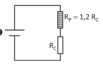 Circuito elétrico em série com bateria, resistor R_P = 1,2 R_C e resistor R_C.