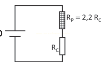 Circuito elétrico em série com bateria, resistor R_P = 2,2 R_C e resistor R_C.