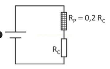 Circuito elétrico em série com bateria, resistor R_P = 0,2 R_C e resistor R_C.