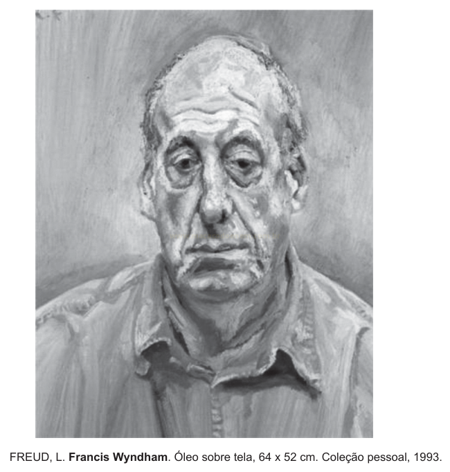 Retrato pintado em tons de cinza de um homem idoso calvo, de expressão séria, com camisa de gola aberta.