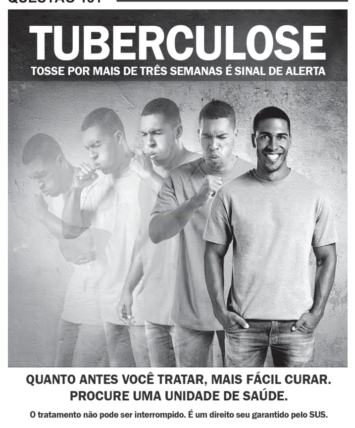 Cartaz em preto e branco sobre tuberculose, com um homem em cinco imagens, quatro delas tossindo.