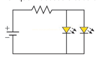 Circuito elétrico com bateria, resistor e dois LEDs ligados em paralelo.