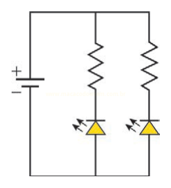 Circuito elétrico com bateria e dois ramos paralelos, cada um com resistor e LED, em orientação diferente.