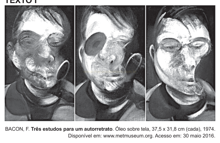 Tríptico de três pinturas escuras com rostos masculinos deformados, estudos para um autorretrato de Francis Bacon.