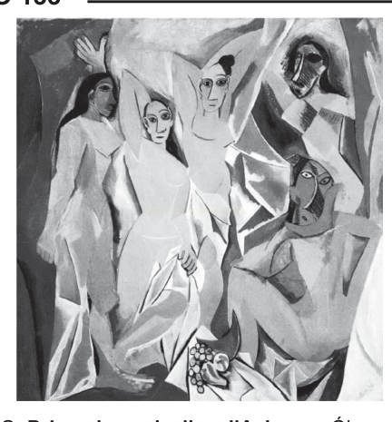 Reprodução em preto e branco de pintura cubista com cinco figuras femininas nuas em espaço fragmentado.