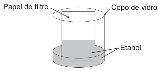 Esquema de um copo de vidro com etanol no fundo e um papel de filtro parcialmente imerso no líquido.