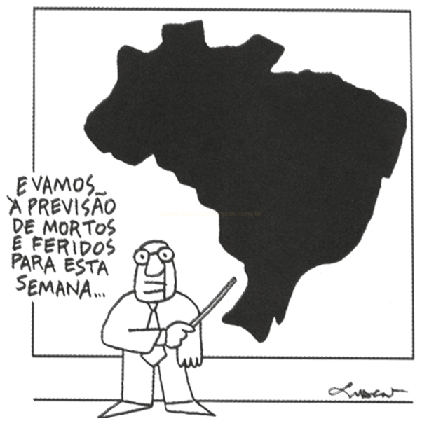Charge em preto e branco de um homem de óculos apontando um bastão para a silhueta do mapa do Brasil.