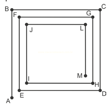 Figura geométrica com três quadriláteros concêntricos e pontos identificados por letras de A a M.