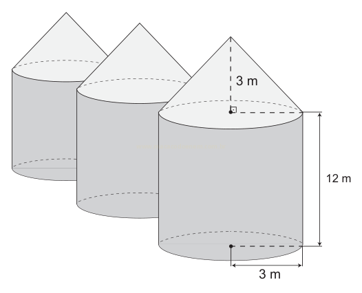 Ilustração de três cilindros com cones sobrepostos, com medidas de 3 m de raio, 12 m de altura e 3 m de altura do cone.