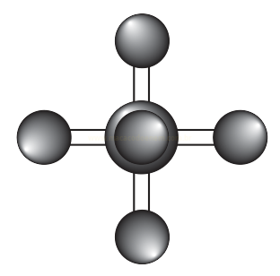 Modelo molecular com esfera central dupla ligada a quatro esferas menores dispostas em cruz.