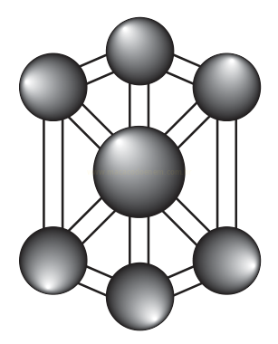 Modelo molecular cúbico com oito esferas nos vértices e uma esfera central, todas interligadas.