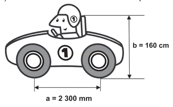 Desenho de um carrinho com um piloto, mostrando a distância entre as rodas (2 300 mm) e a altura (160 cm).
