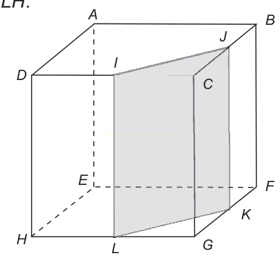 Desenho de um cubo em perspectiva, com vértices nomeados por letras e um plano cinza em seu interior.