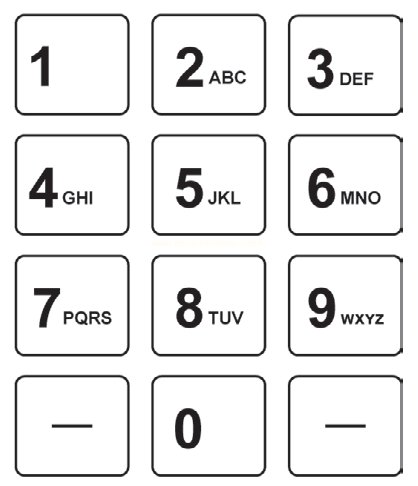 Teclado numérico de telefone com botões de 1 a 9, 0 e símbolos.