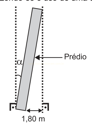 Esquema de um prédio inclinado com ângulo α em relação à vertical e base de 1,80 m.
